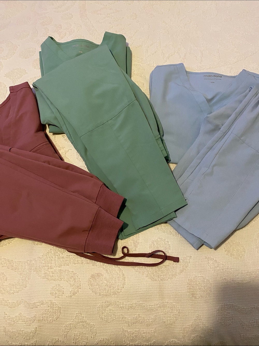 Mandala Women's two piece outfit- Sage Green, blue, dark rose.  A couple spots.
